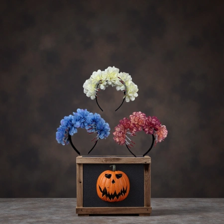 White, blue and pink flower-decorated headband, grey with red pointed claws, skull hand shape, black hairband base White, blue and pink flower-decorated headband, grey with red pointed claws, skull hand shape, black hairband base